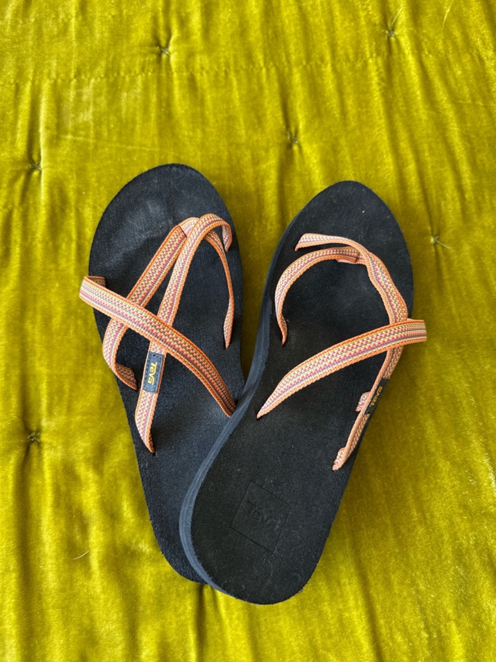 Teva Black Sandals with Peach and Multicolor Woven Straps